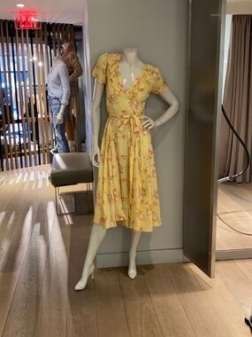 Sunny Yellow Floral Midi Wrap Dress with Tie Waist